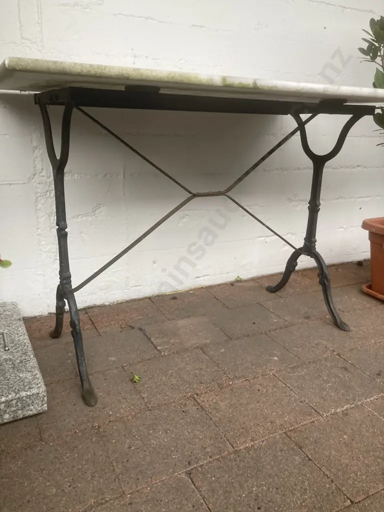 French Bistro Table With Painted Wrought Iron Base and Marble Top, Early 1900s. H71 W100 D60cm Image 1++