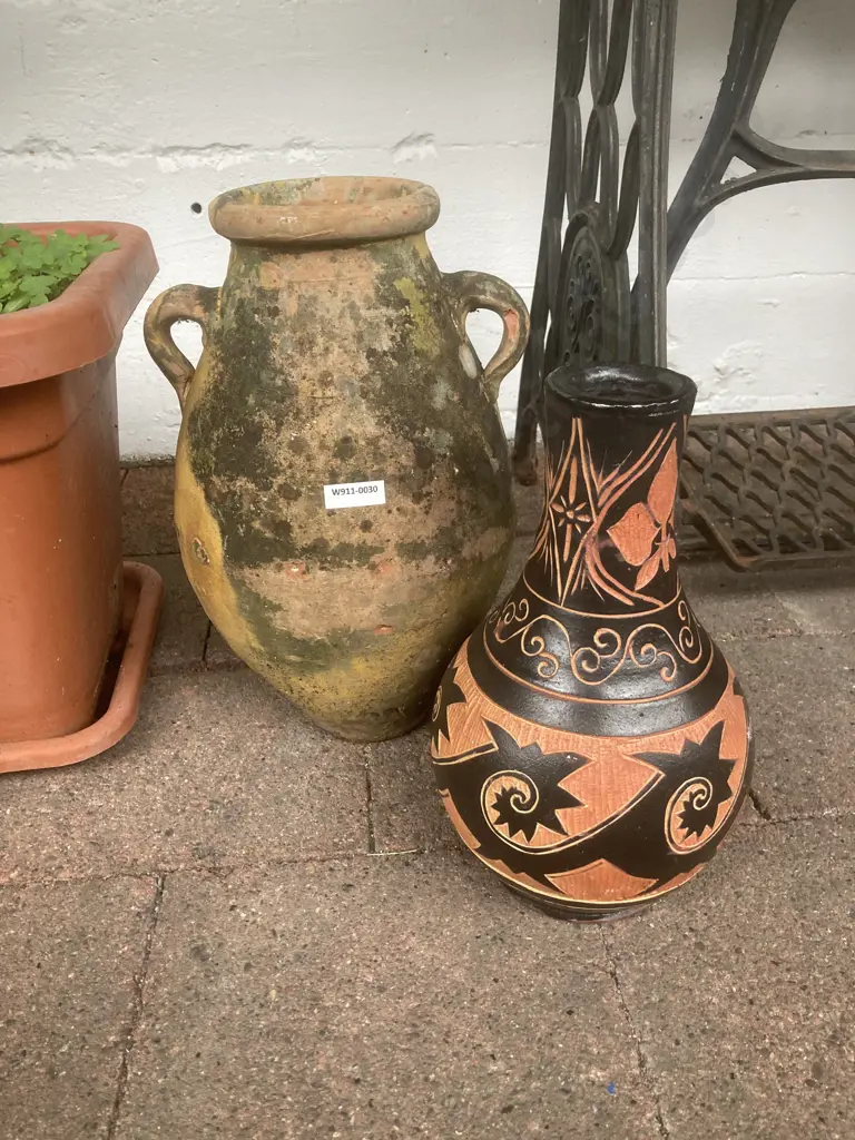 Decorated Terracotta Jug. H29cm And a Double Handled Terracotta Jug. H34cm Image 1++