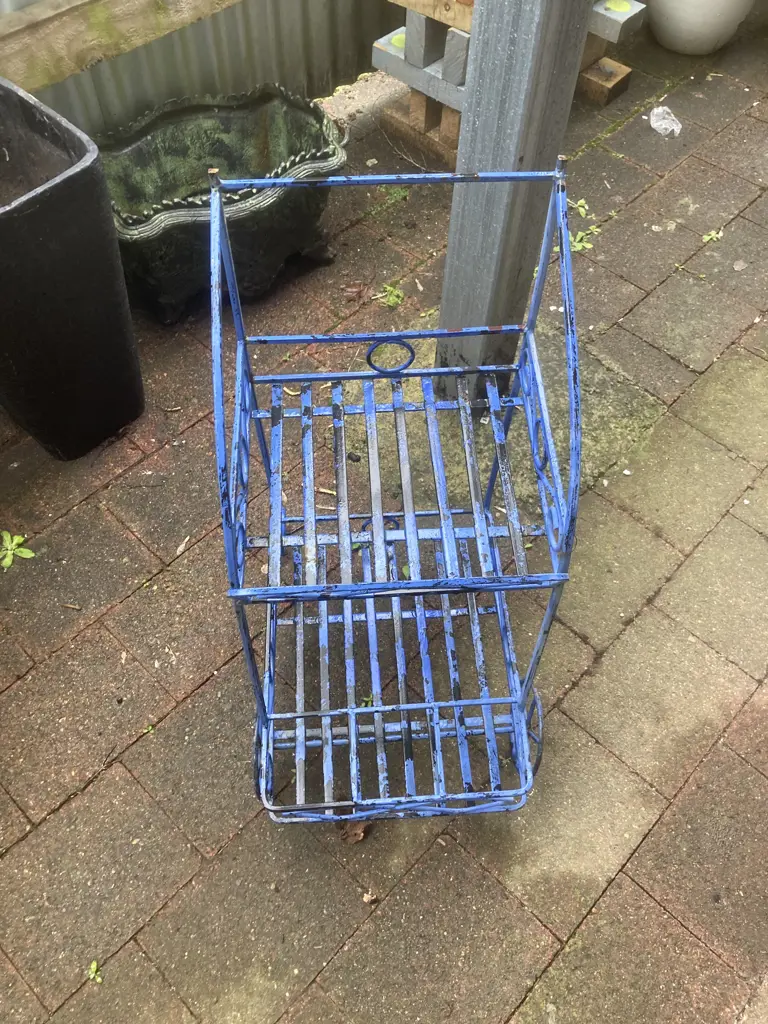 Vintage Wrought Iron Drinks Trolley / Plant Stand Painted Blue. H68 W36 D48cm Image 1++