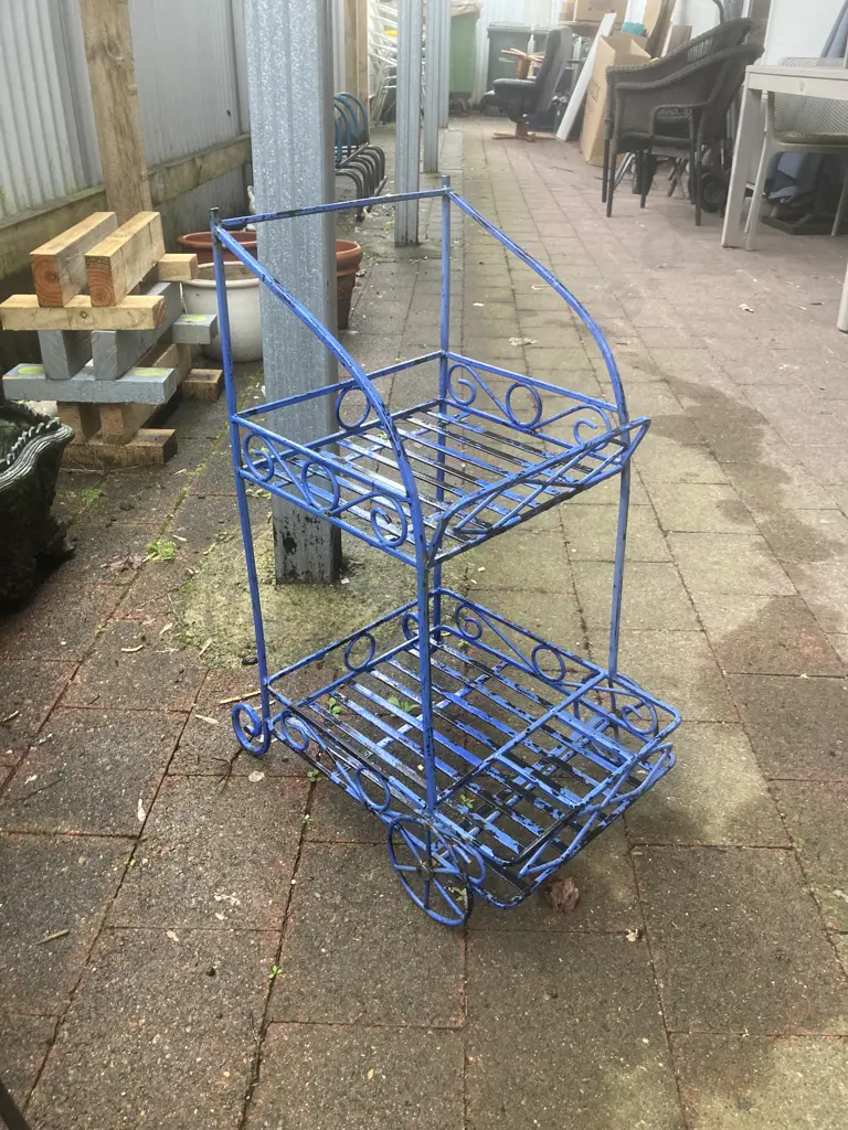 Vintage Wrought Iron Drinks Trolley / Plant Stand Painted Blue. H68 W36 D48cm Image 1++