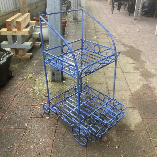 Vintage Wrought Iron Drinks Trolley / Plant Stand Painted Blue. H68 W36 D48cm