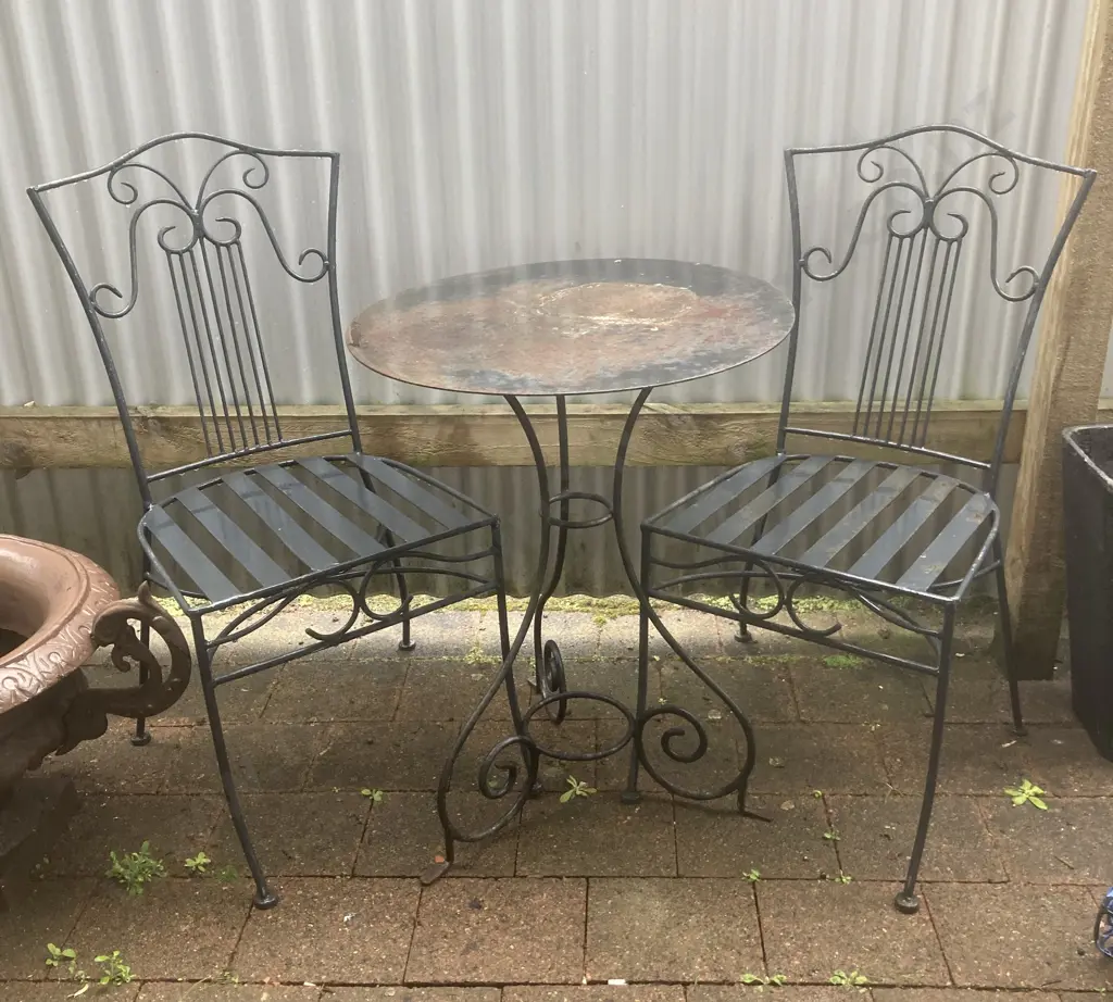 Pair of Solid Wrought Iron Standard Sophie Outdoor Garden Dining Chairs With a Round Topped Wrought Table. 75 x 60cm Image 1++