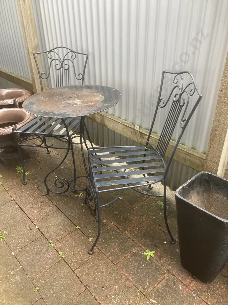 Pair of Solid Wrought Iron Standard Sophie Outdoor Garden Dining Chairs With a Round Topped Wrought Table. 75 x 60cm Image 1++