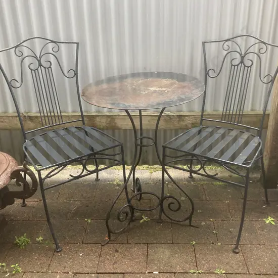 Pair of Solid Wrought Iron Standard Sophie Outdoor Garden Dining Chairs With a Round Topped Wrought Table. 75 x 60cm