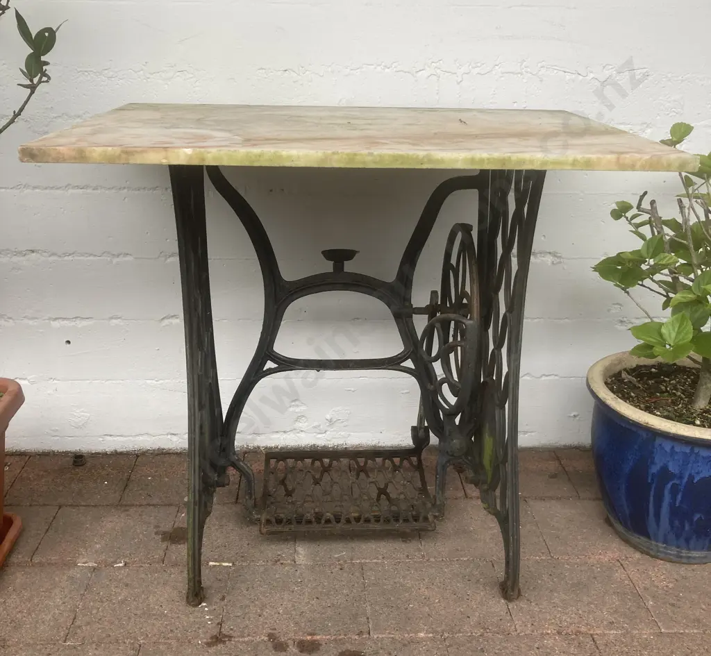 Marble Topped Console Table With a Cast Iron Treadle Sewing Machine Base. H74 W82 D58cm Image 1++