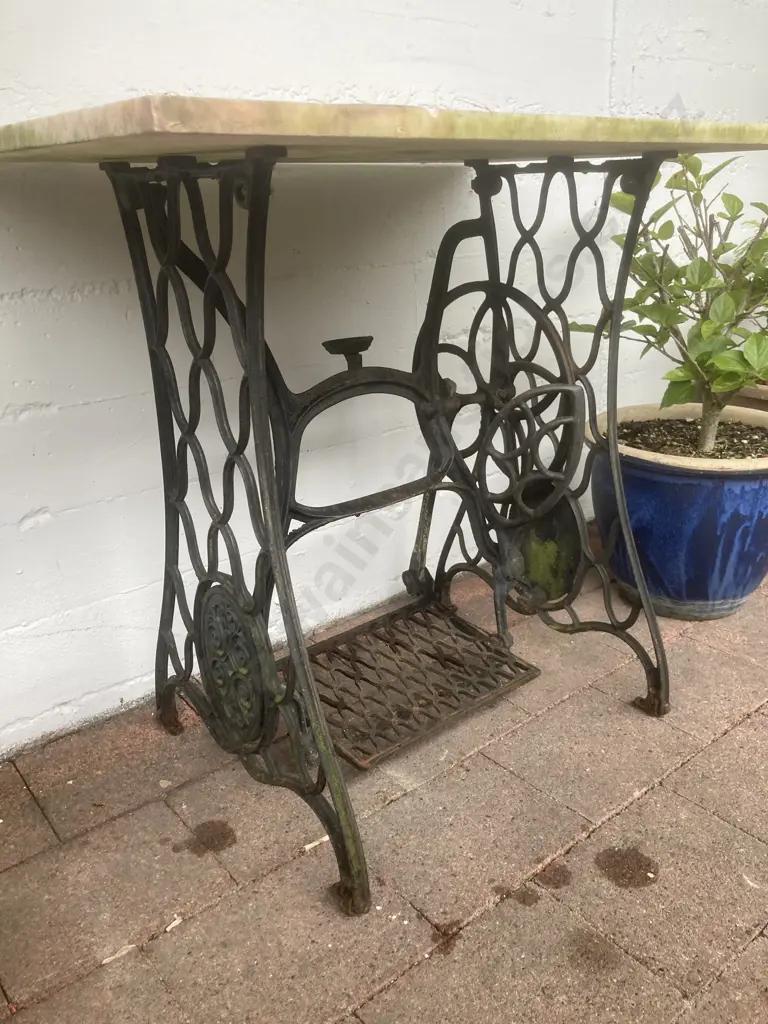 Marble Topped Console Table With a Cast Iron Treadle Sewing Machine Base. H74 W82 D58cm Image 1++