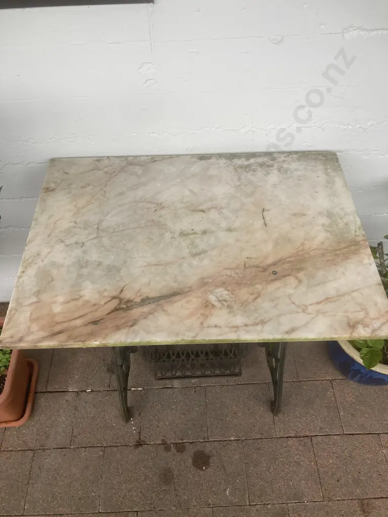 Marble Topped Console Table With a Cast Iron Treadle Sewing Machine Base. H74 W82 D58cm Image 1++