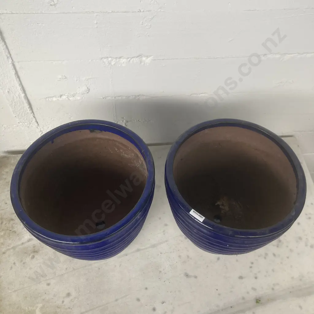 Pair of Blue Glazed Terracotta Planters & Saucers, Raised Horizontal Ridge Pattern. 28  x31cm Image 1++
