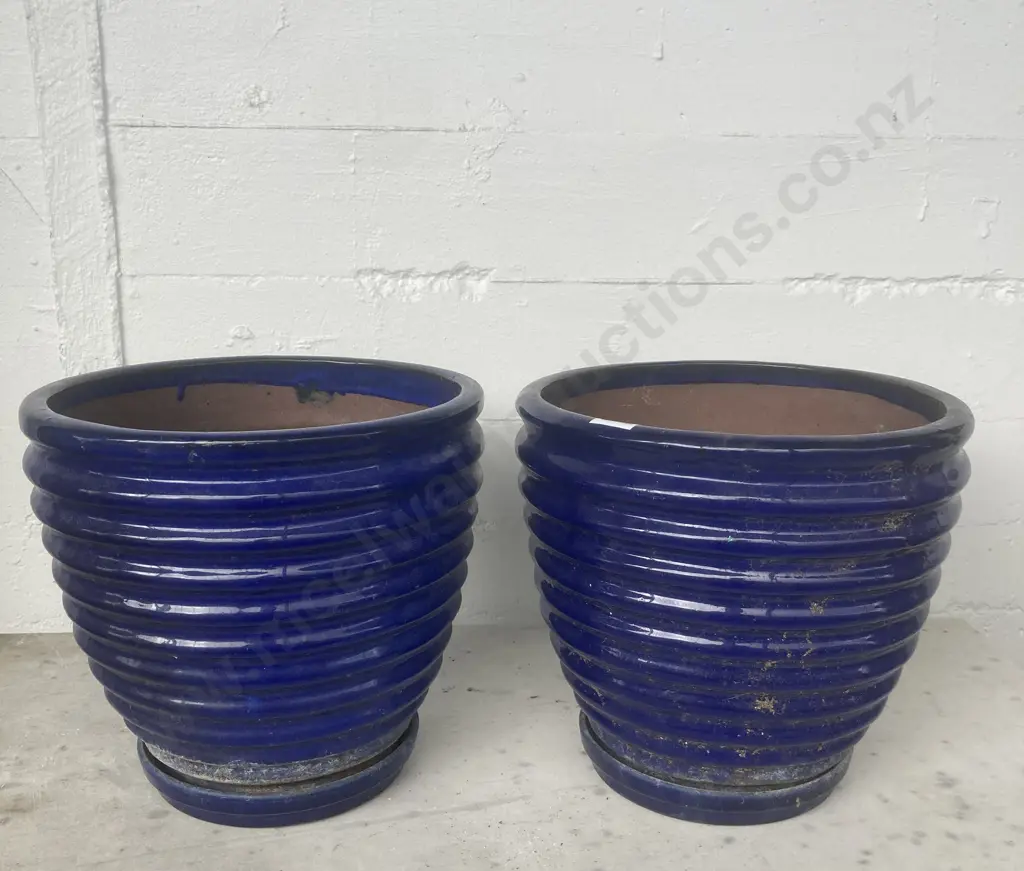Pair of Blue Glazed Terracotta Planters & Saucers, Raised Horizontal Ridge Pattern. 28  x31cm Image 1++
