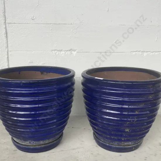 Pair of Blue Glazed Terracotta Planters & Saucers, Raised Horizontal Ridge Pattern. 28  x31cm