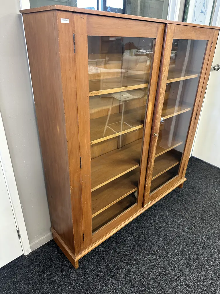 Vintage Kauri Wooden Double Glass Door Cabinet With Key.  H140 W129 D31cm Image 1++