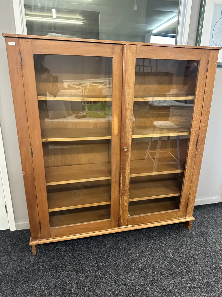 Vintage Kauri Wooden Double Glass Door Cabinet With Key.  H140 W129 D31cm Image 1++