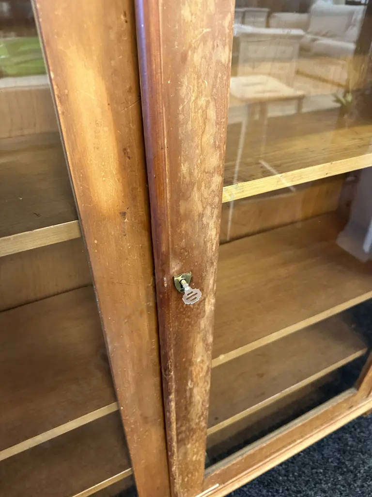 Vintage Kauri Wooden Double Glass Door Cabinet With Key.  H140 W129 D31cm Image 1++