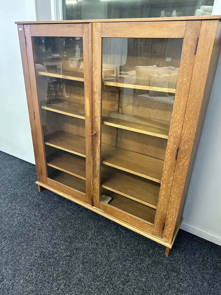 Vintage Kauri Wooden Double Glass Door Cabinet With Key.  H140 W129 D31cm Image 1++