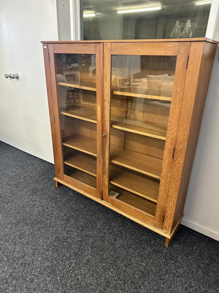 Vintage Kauri Wooden Double Glass Door Cabinet With Key.  H140 W129 D31cm Image 1++