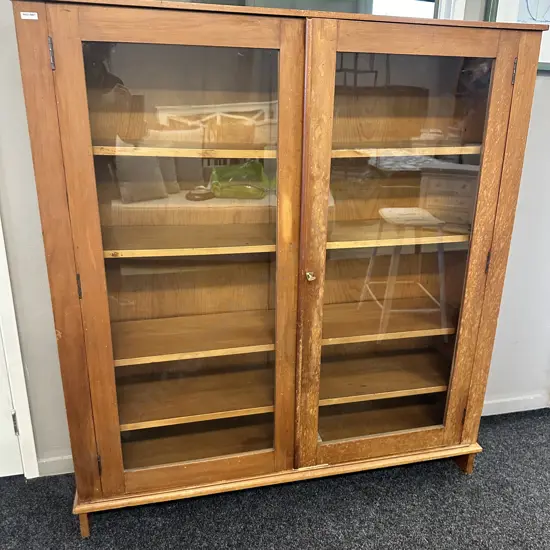 Vintage Kauri Wooden Double Glass Door Cabinet With Key.  H140 W129 D31cm