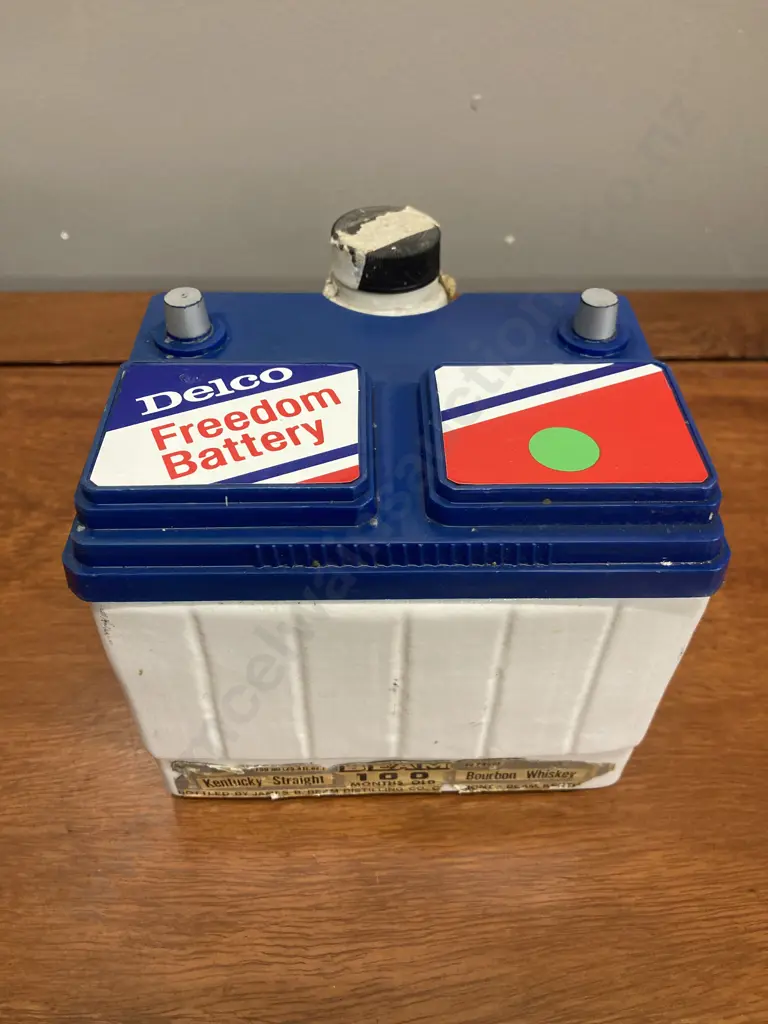 Delco Freedom Battery Jim Beam Whiskey Decanter, 1970s. 12 x 13cm Image 1++