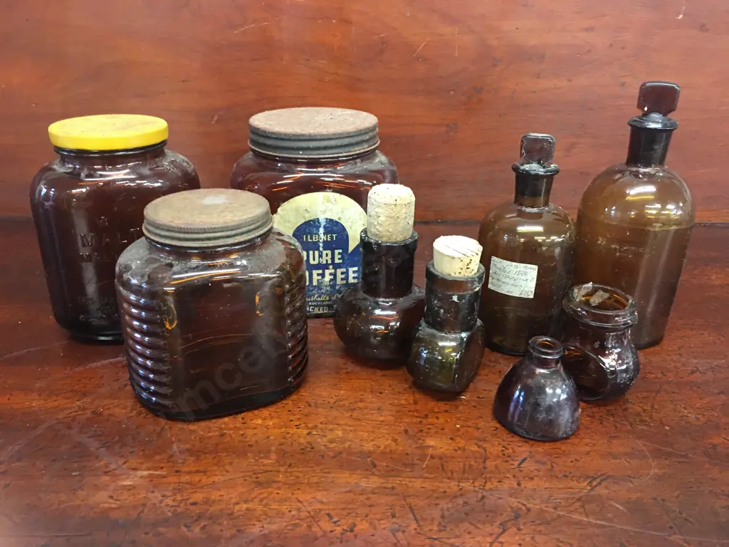 Selection Of Vintage Brown Bottles Including Coffee, Bovril Etc  Image 1++