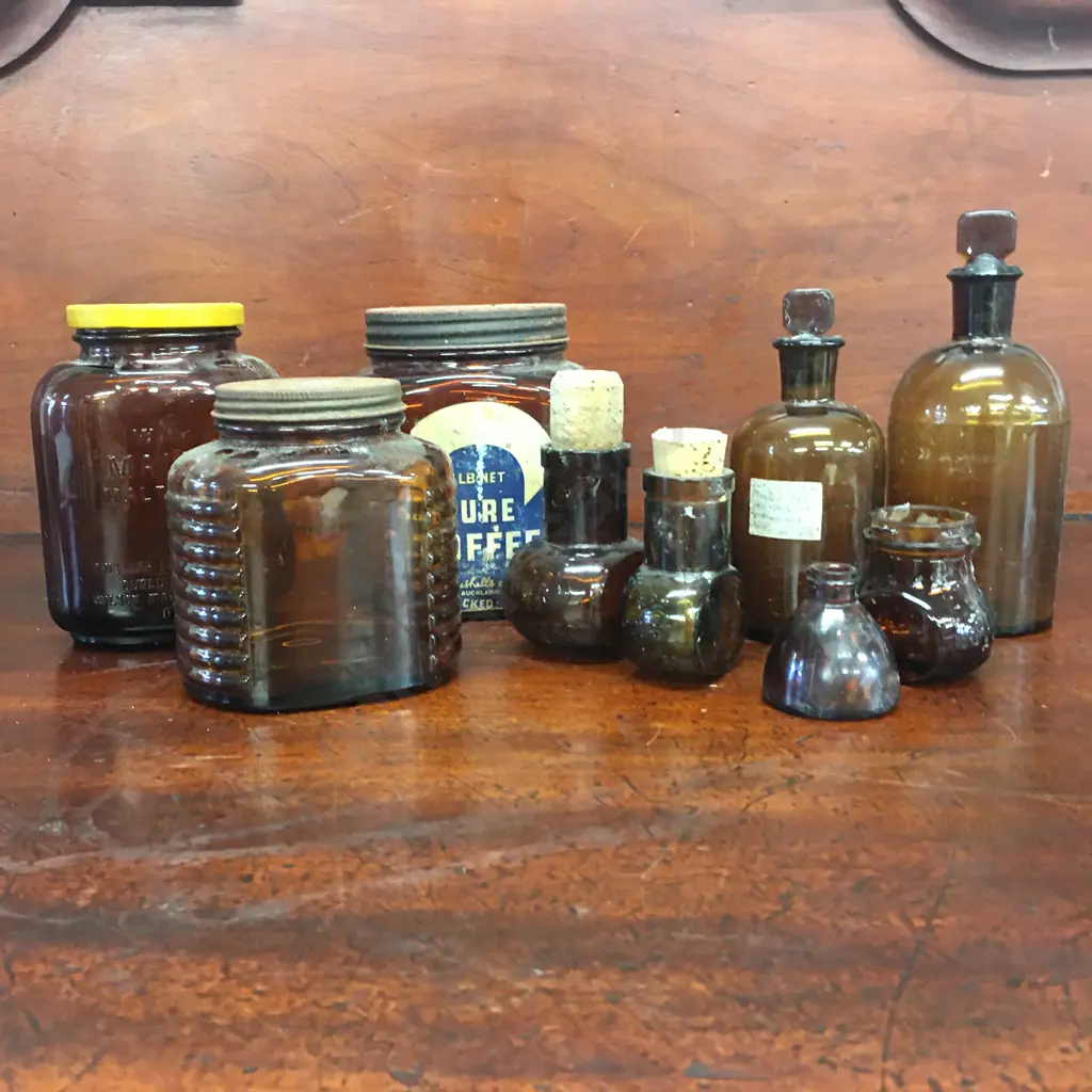 Selection Of Vintage Brown Bottles Including Coffee, Bovril Etc  Image 1++