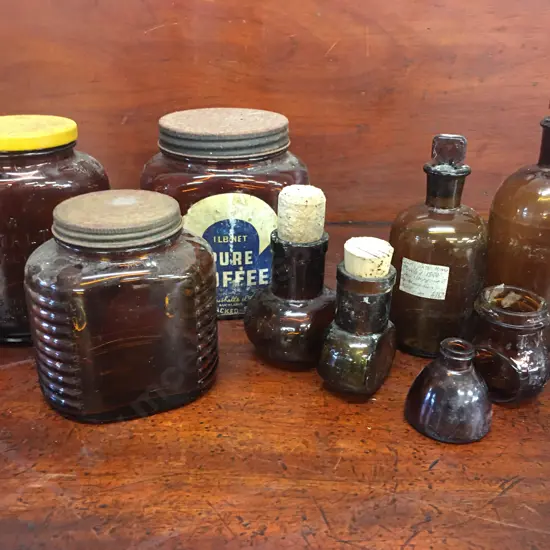 Selection Of Vintage Brown Bottles Including Coffee, Bovril Etc 