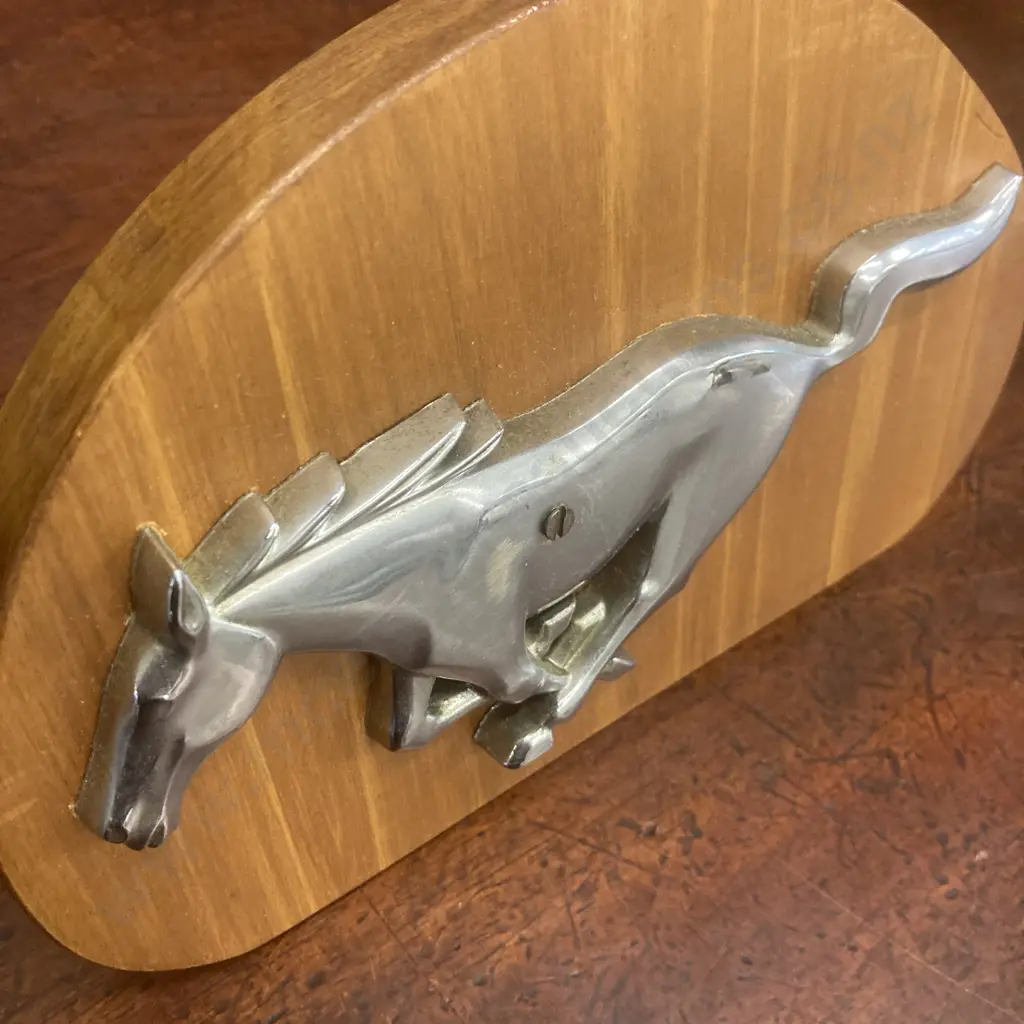 Mustang Pony Grill Badge (19 x 9cm) On Wood Stand Image 1++