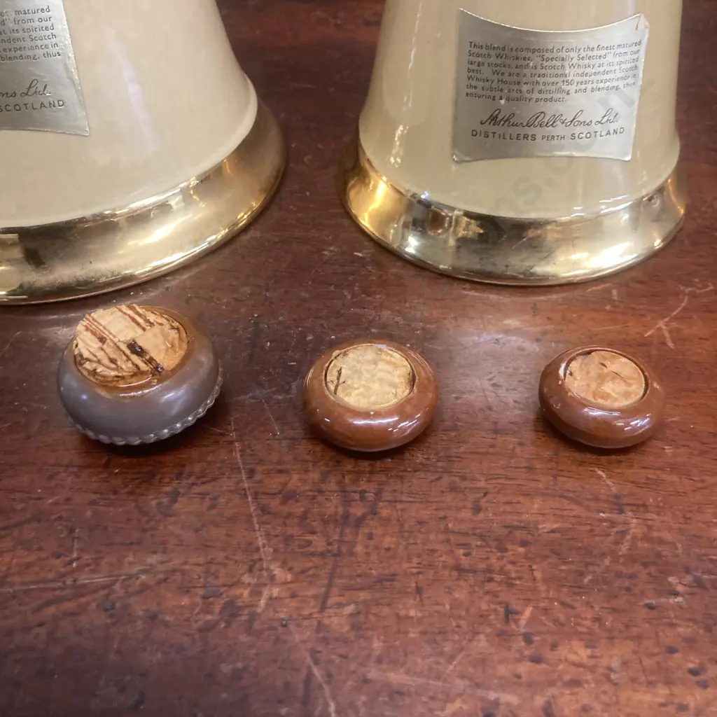 Set of Three Bell's Old Scotch Whisky Specially Selected Wade Decanters, 750ml, 375ml, 187.5ml, Purchased 1969 Image 1++