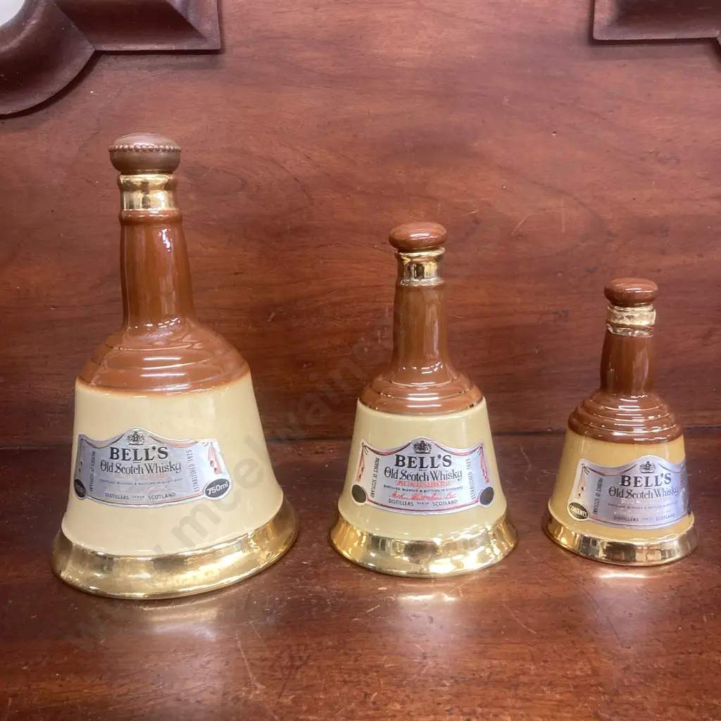 Set of Three Bell's Old Scotch Whisky Specially Selected Wade Decanters, 750ml, 375ml, 187.5ml, Purchased 1969 Image 1++
