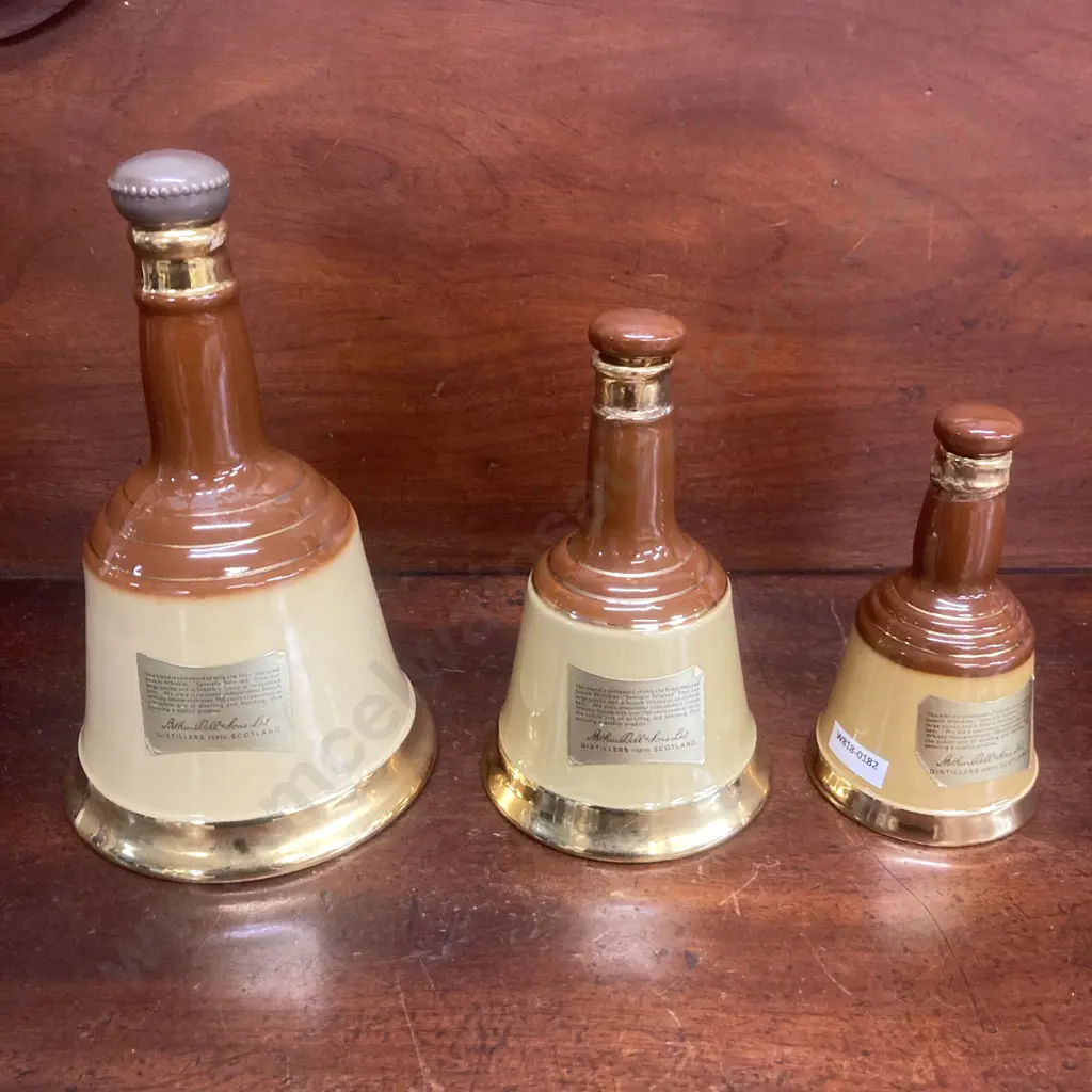 Set of Three Bell's Old Scotch Whisky Specially Selected Wade Decanters, 750ml, 375ml, 187.5ml, Purchased 1969 Image 1++