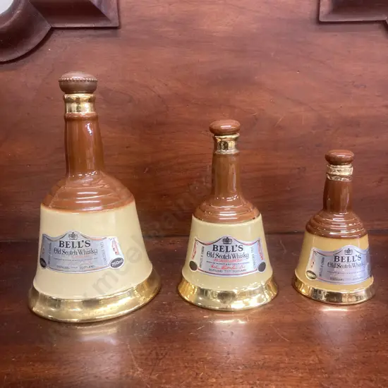 Set of Three Bell's Old Scotch Whisky Specially Selected Wade Decanters, 750ml, 375ml, 187.5ml, Purchased 1969