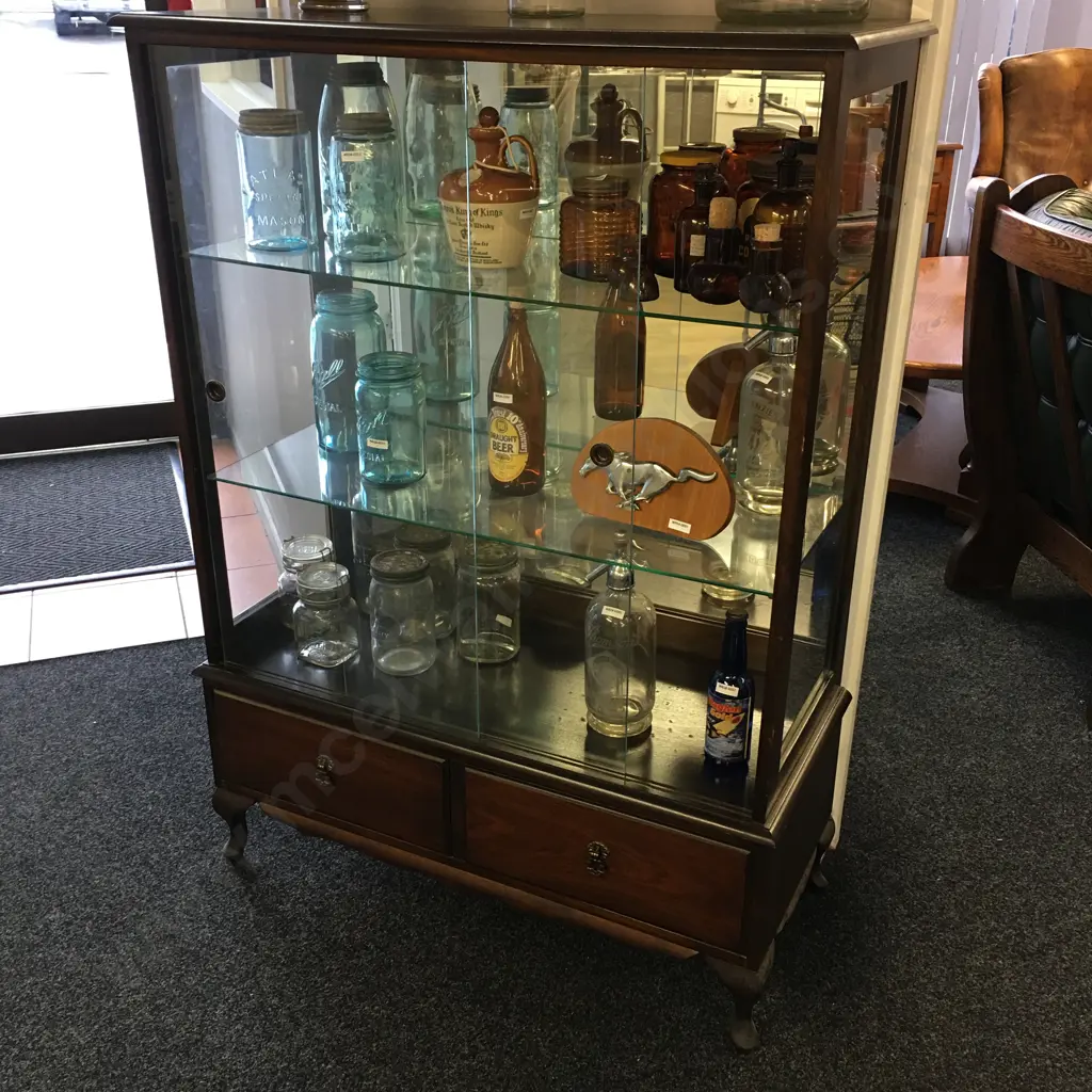 Queen Anne Style China Display Cabinet, Mirror Back, 2 Adj Glass Shelves, 2 Drawers At Base. H130 W92 D40cm Image 1++