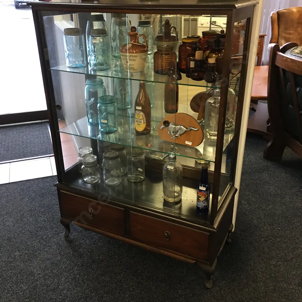 Queen Anne Style China Display Cabinet, Mirror Back, 2 Adj Glass Shelves, 2 Drawers At Base. H130 W92 D40cm Image 1++