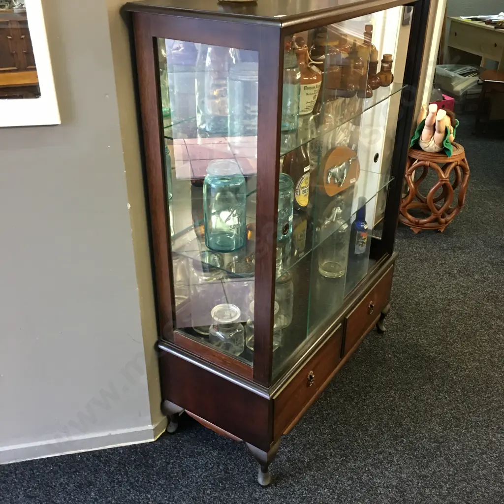 Queen Anne Style China Display Cabinet, Mirror Back, 2 Adj Glass Shelves, 2 Drawers At Base. H130 W92 D40cm Image 1++