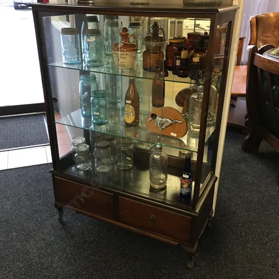 Queen Anne Style China Display Cabinet, Mirror Back, 2 Adj Glass Shelves, 2 Drawers At Base. H130 W92 D40cm