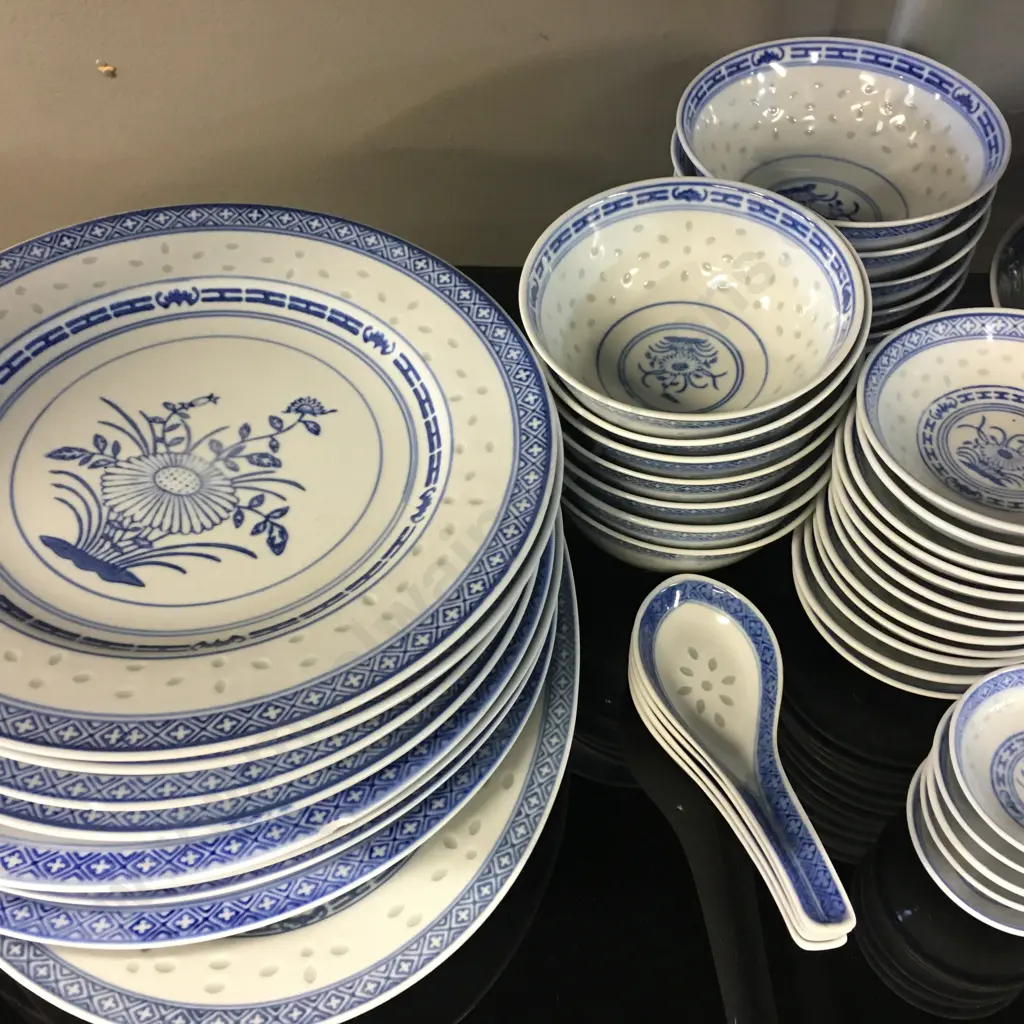 Oriental Blue & White Dinner Ware Including Lidded Casserole Dish, Teapot, Spoons Etc Image 1++