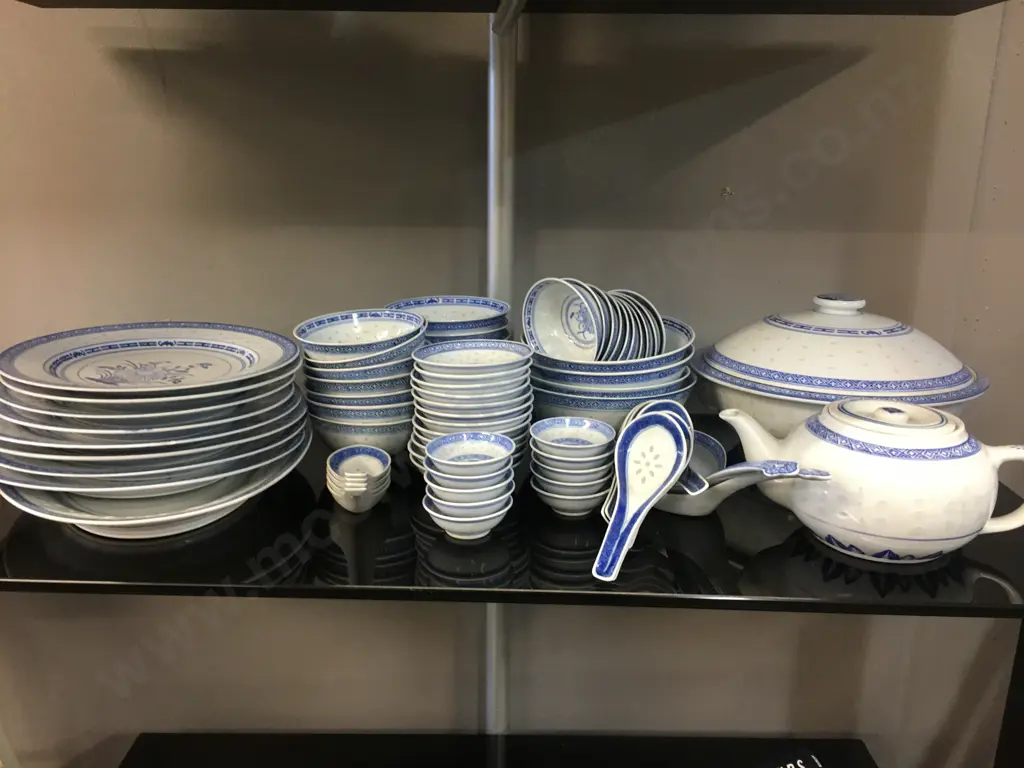 Oriental Blue & White Dinner Ware Including Lidded Casserole Dish, Teapot, Spoons Etc Image 1++