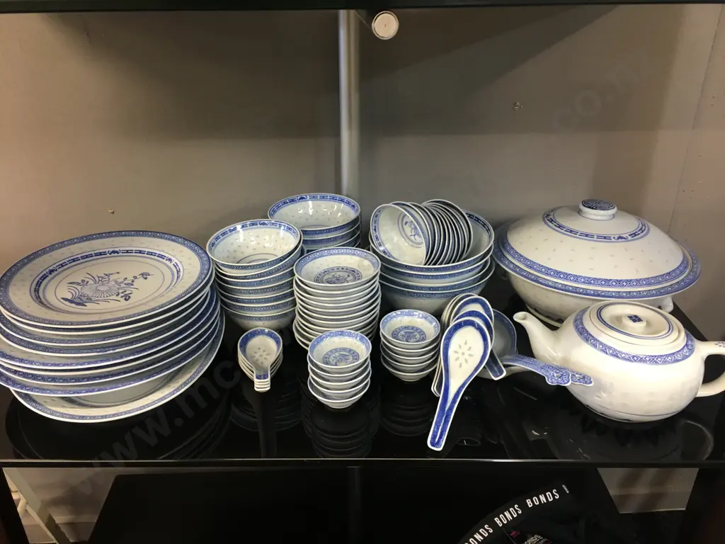 Oriental Blue & White Dinner Ware Including Lidded Casserole Dish, Teapot, Spoons Etc Image 1++
