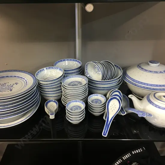 Oriental Blue & White Dinner Ware Including Lidded Casserole Dish, Teapot, Spoons Etc