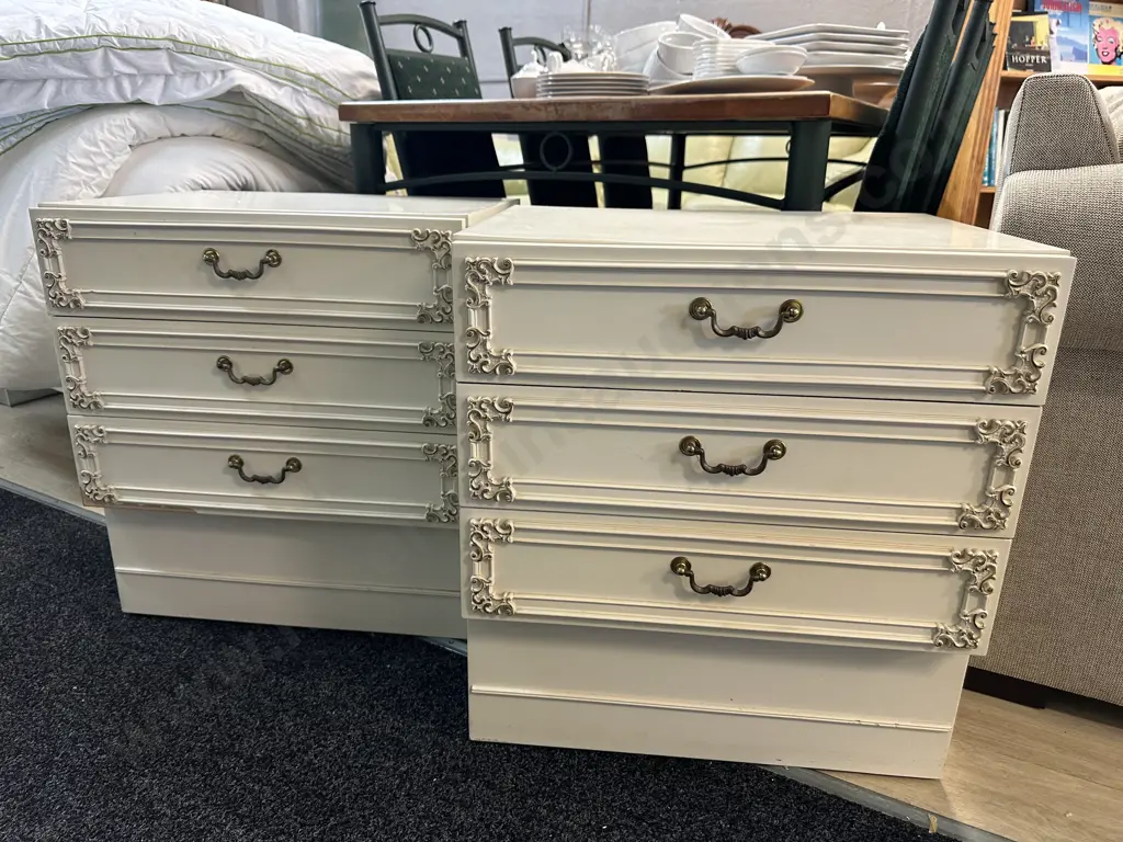 Pair of Cream 3 Drawer Bedsides With Raised Ornate Detailing. H60 W55 D42cm Image 1++