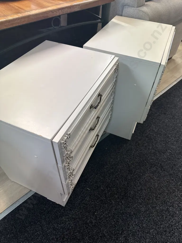 Pair of Cream 3 Drawer Bedsides With Raised Ornate Detailing. H60 W55 D42cm Image 1++