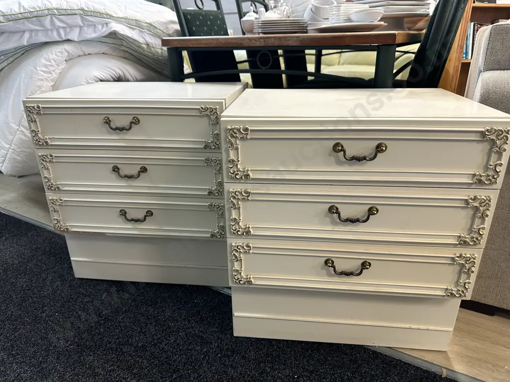 Pair of Cream 3 Drawer Bedsides With Raised Ornate Detailing. H60 W55 D42cm Image 1++
