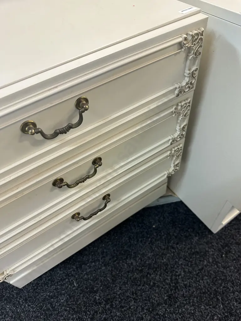 Pair of Cream 3 Drawer Bedsides With Raised Ornate Detailing. H60 W55 D42cm Image 1++