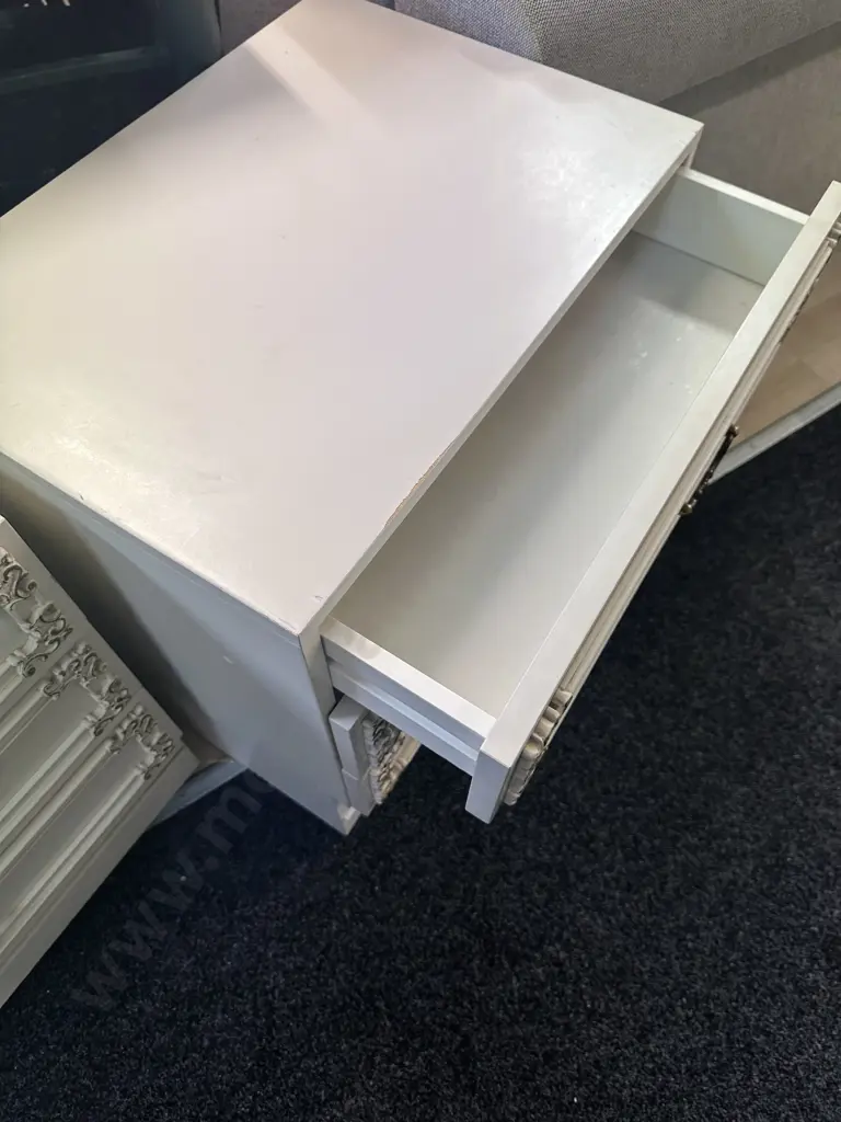 Pair of Cream 3 Drawer Bedsides With Raised Ornate Detailing. H60 W55 D42cm Image 1++