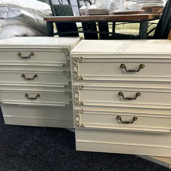 Pair of Cream 3 Drawer Bedsides With Raised Ornate Detailing. H60 W55 D42cm