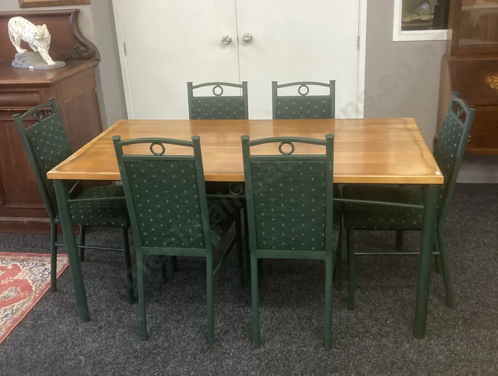 Dining Suite, Rimu & Green Steel Table With 6 Green Upholstered Highback Dining Chairs. H74.5 W159.5 D82.5cm Image 1++