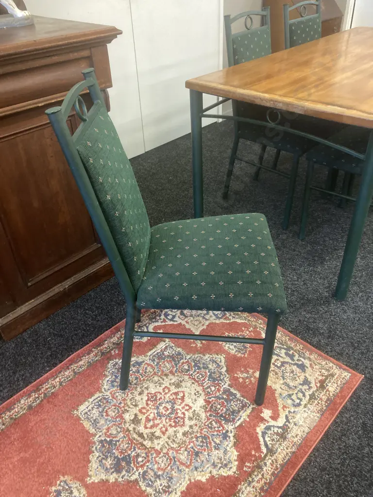Dining Suite, Rimu & Green Steel Table With 6 Green Upholstered Highback Dining Chairs. H74.5 W159.5 D82.5cm Image 1++