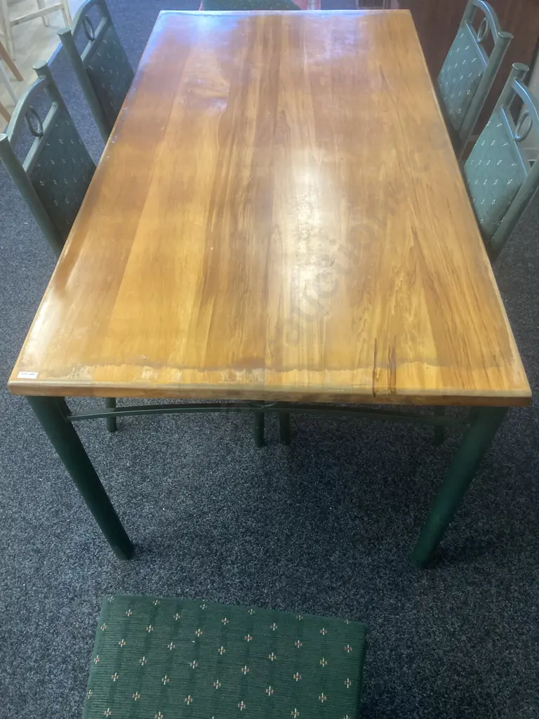 Dining Suite, Rimu & Green Steel Table With 6 Green Upholstered Highback Dining Chairs. H74.5 W159.5 D82.5cm Image 1++