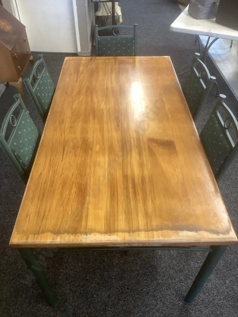 Dining Suite, Rimu & Green Steel Table With 6 Green Upholstered Highback Dining Chairs. H74.5 W159.5 D82.5cm Image 1++