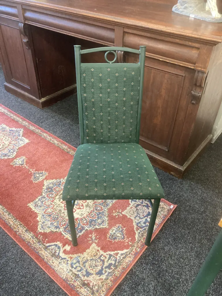 Dining Suite, Rimu & Green Steel Table With 6 Green Upholstered Highback Dining Chairs. H74.5 W159.5 D82.5cm Image 1++