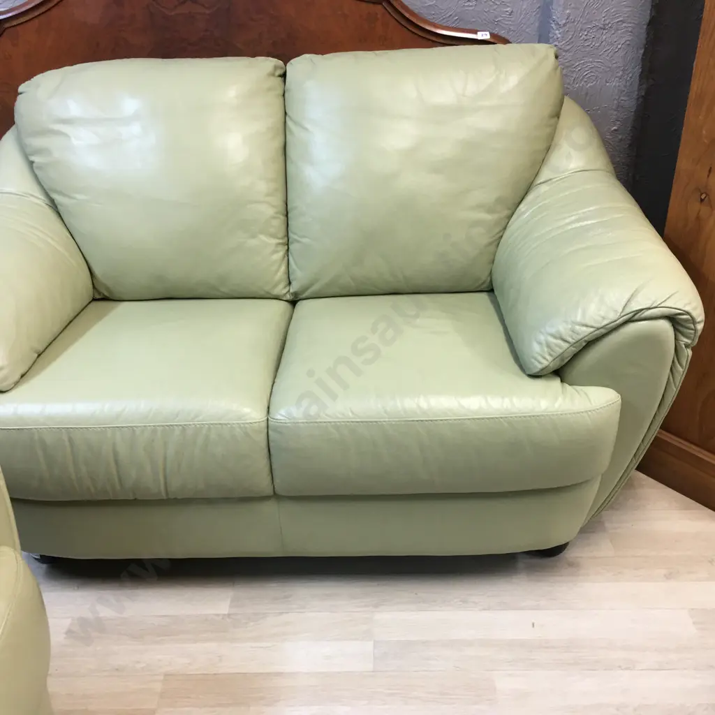Natuzzi Sage Colour Leather 3+2 Lounge Suite, Black Turned Wooden Feet. Image 1++