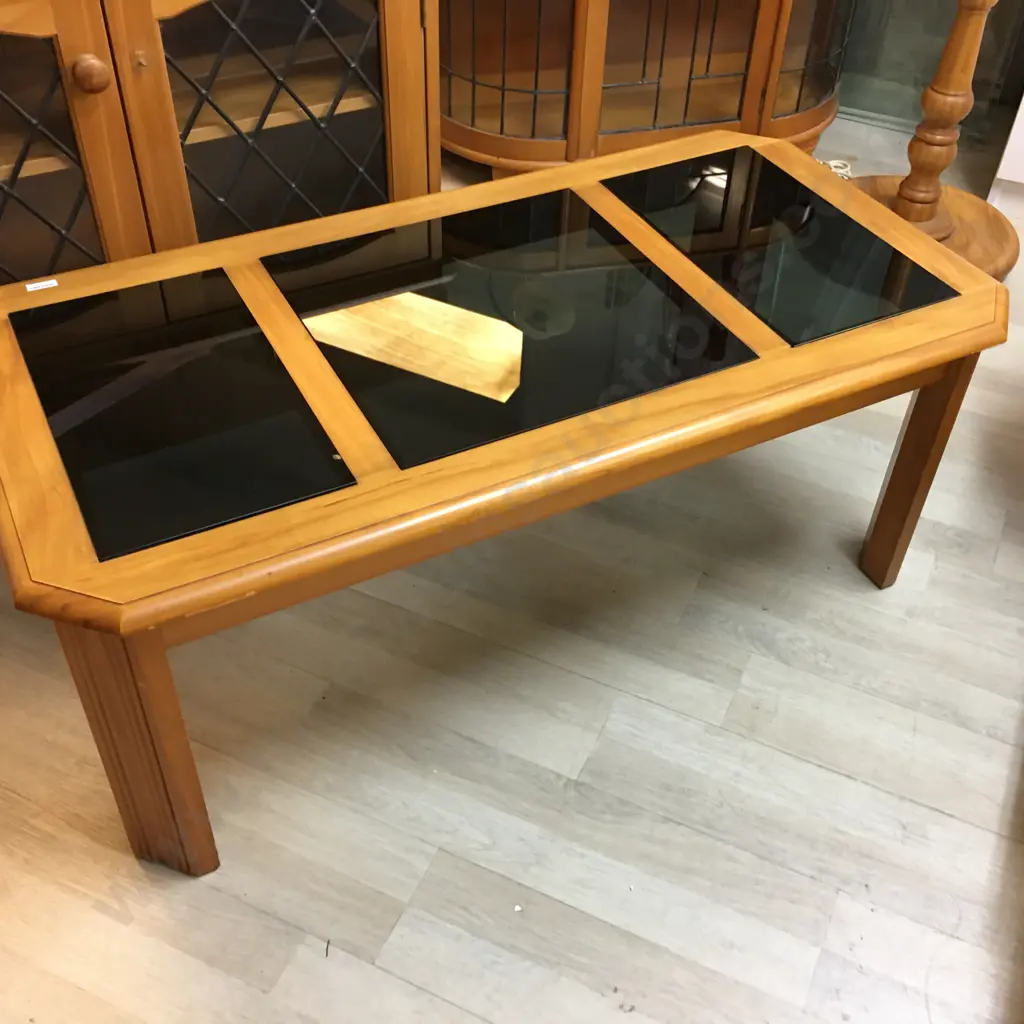 Rectangular Rimu Coffee Table With Black Tinted Glass Panels & Bevelled Edge. H43 W110 D55cm Image 1++